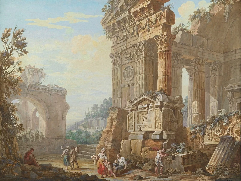 1721-Charles-Louis Clérisseau - Capriccio di rovine romane con contadini in primo piano, 1773